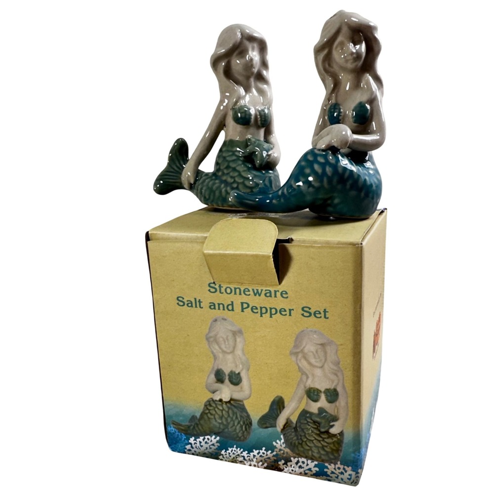 Cracker Barrel Mermaid Salt and Pepper Shaker Set Stoneware Teal Coastal Decor